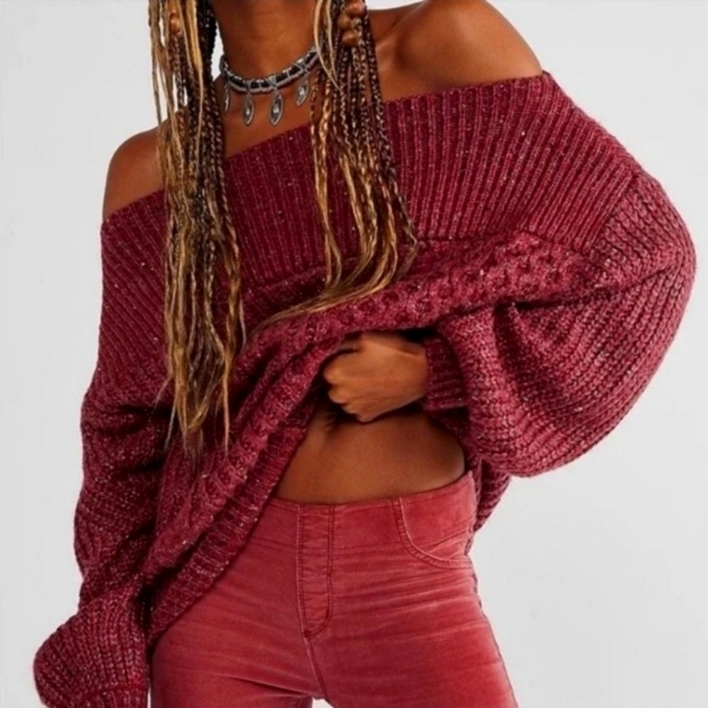 Free People New Dream Spillover Sweater in Wine Size Medium NWT